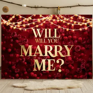 1pc Proposal Backdrop Romantic Design Red Rose String Lights Will You Marry Me Text for Anniversary Valentine Party Wedding Decoration