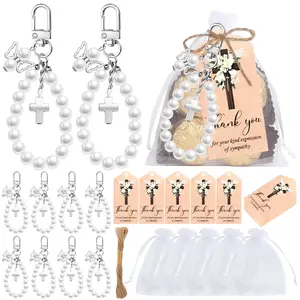 Angel Cross Keychains: Funeral Prayer Event Gifts and Customer Appreciation Souvenirs Keychain for Bags (10 keychains, 10 muslin bags, 10 tags, and 10 meters of jute twine)