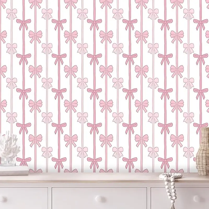 Coquette Bow Stripe Decorative Wallpaper Roll, Removable Peel and Stick, Mould-Proof, Easy to Use, Living Room Accent Wall Decor
