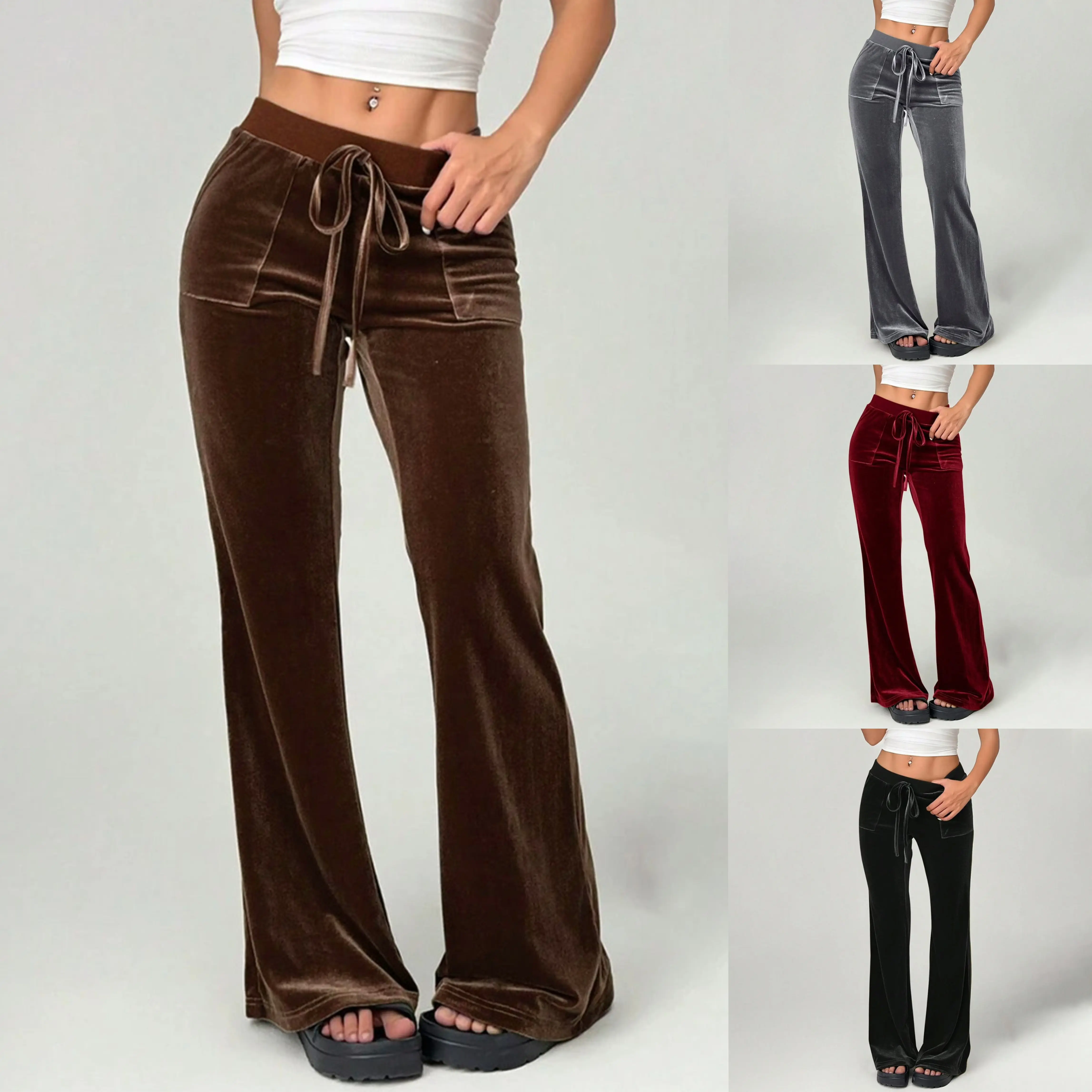 Women's Flare Pants in Retro Velvet, Comfy Low Waist Trousers with Drawstring and Pockets for Daily Coffee Shop Visits, Pants For Women, Comfy Pants