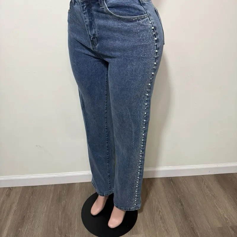 Denim Jeans with Rhinestones on Side Seam
