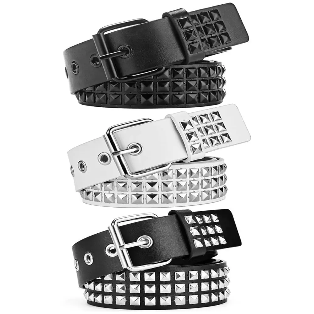 3 pack Metal Punk Rock Rivet belt White Black Studded Belt Bright Metal Pyramid Cool Belts with Grommet Threads