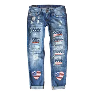 Independence Day Theme | Women’s distressed jeans with heart American flag patch, washed rolled hem, 9/10 length, retro casual pants