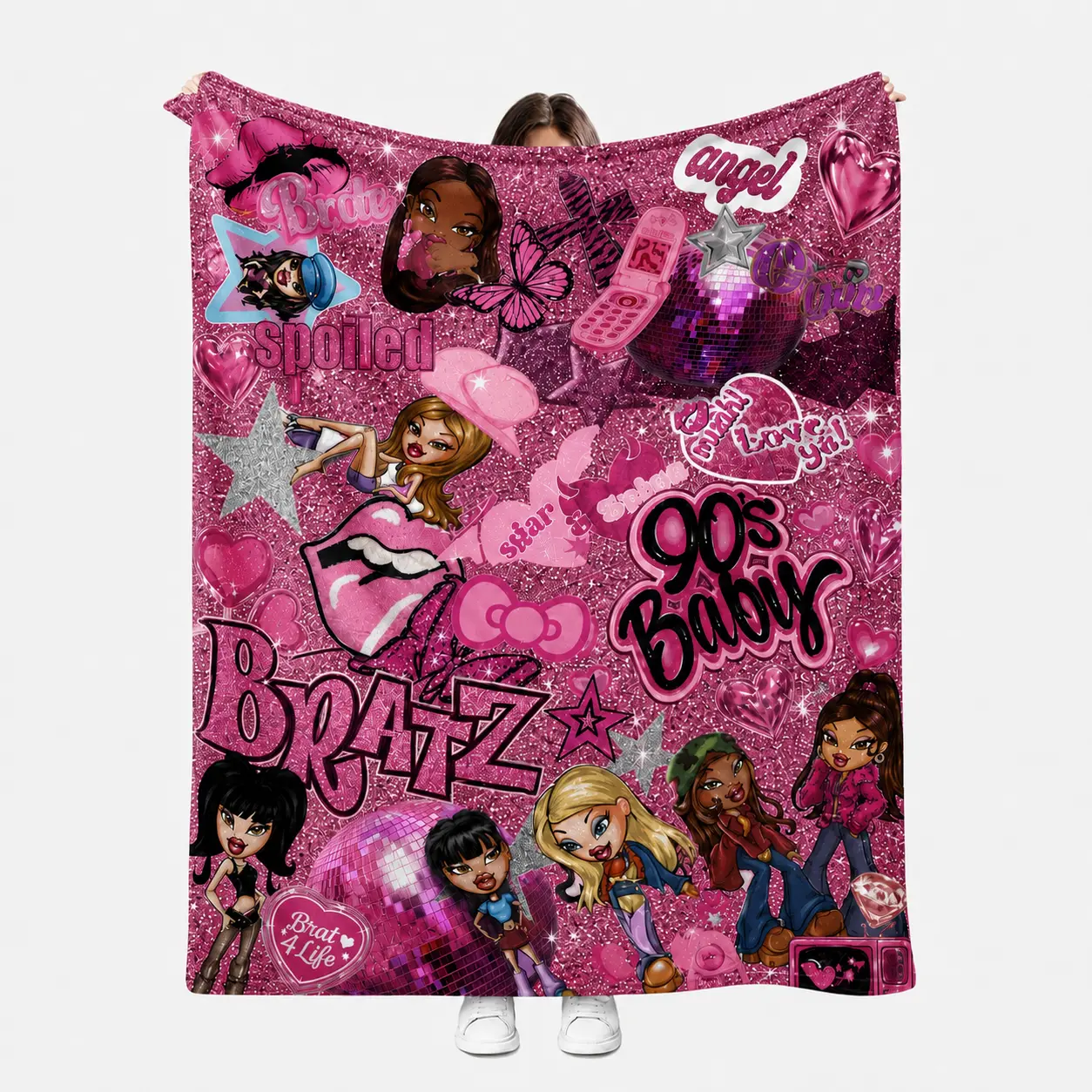 Pink Y2K Style Anime Pink Girl Diva Flannel Blanket Glitter Hearts Butterfly Disco Ball Print Soft Warm Lightweight Cozy Throw for Bedroom Sofa Party Sleepover Sleepovers Gift