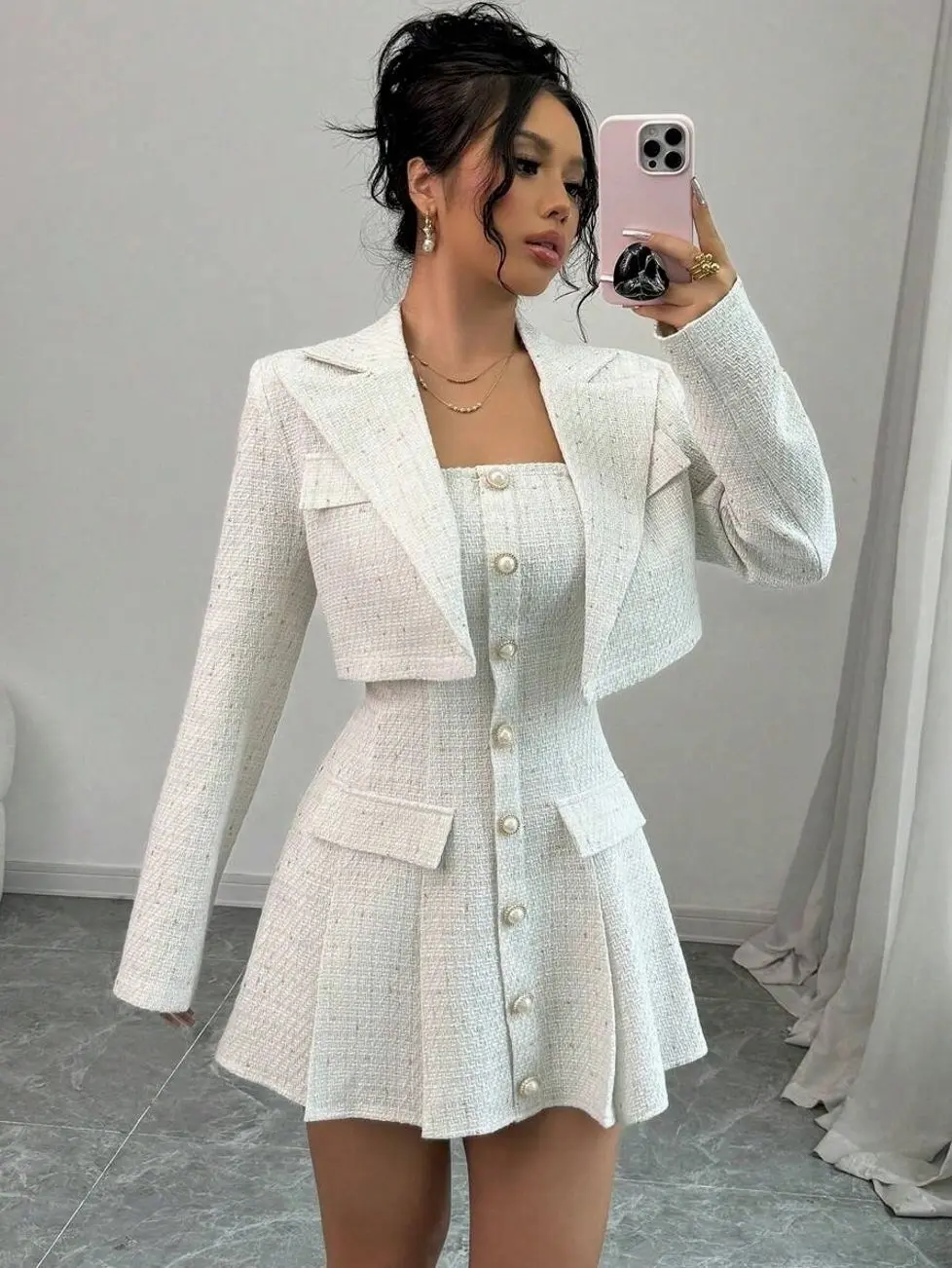 Petite 2pcs Set Petite Sexy Holiday Party Suit: Strapless Dress + Short Jacket, High-End Elegant Look For Women