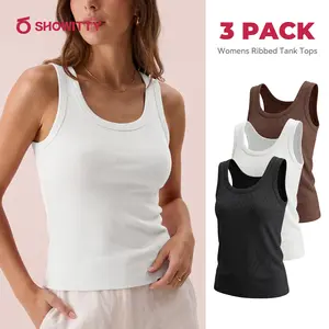 SHOWITTY Womens Ribbed Tank Tops 3 Pack – Crew Neck Sleeveless Basic Shirts, Soft Stretch Polyester Cami Tops for Layering