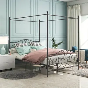 【Bellemave】Metal Canopy Bed Frame with Vintage Style Headboard & Footboard , Easy DIY Assembly All Parts Included, Queen Black