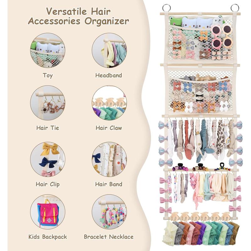 Headband Holder, 17x50in Bow Holder W/ 2 Mesh Pockets & 36 Metal Hooks, Bow Organizer for Girls Hair Clip Jewerly, Wall Hanging Hair Accessories Storage Hanger for Baby Toddler Nursery Decor(Beige)
