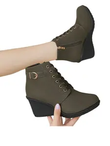 British Style Wedge Short Boots for Women, Metal Buckle Lace-Up PU Leather Boots, Height-Boosting Casual Ankle Boots for All Seasons