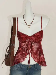 JADEE Women's Summer Going Out, Hawaii Boho, Paisley Print Western Red, Flowy Ruffled Trim Spaghetti Strap Floral Print Cami Babydoll Tank Top