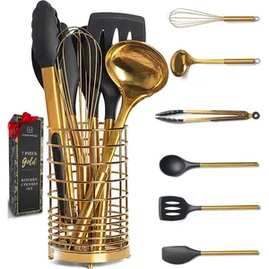 Black and Gold Kitchen Utensils Set with Holder - 7PC Gold Cooking Utensils Set Includes Gold Utensil Holder and Silicone Cooking Utensils - Elegant Gold Kitchen Accessories for Modern Cooking
