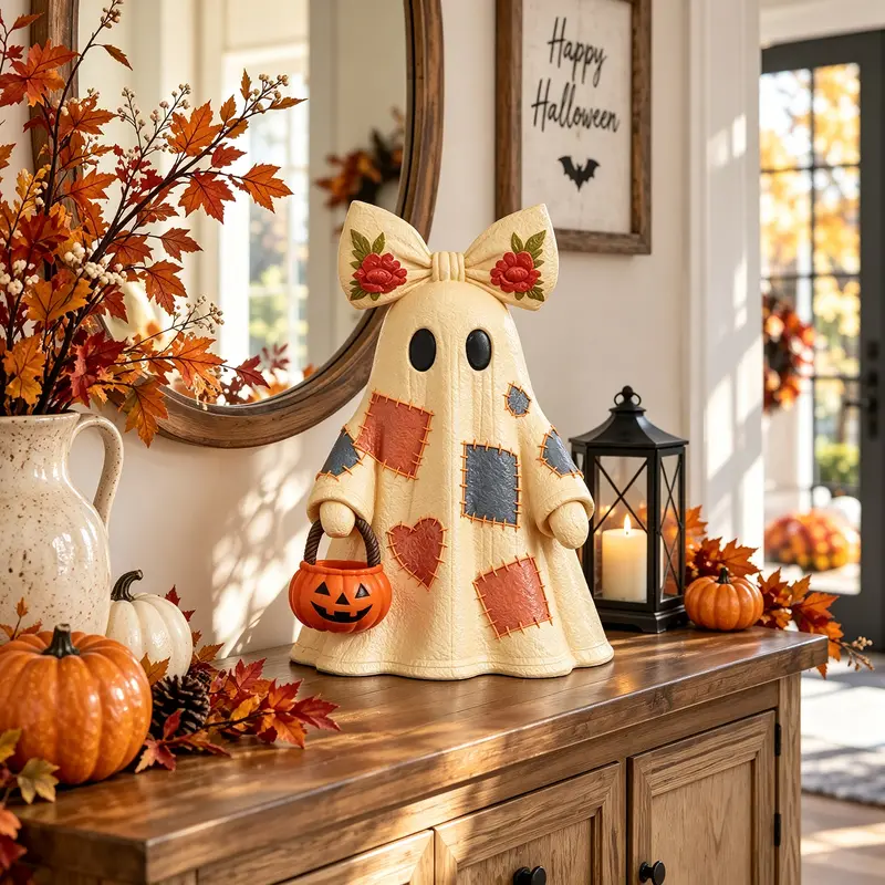 Patchwork Ghost Halloween Decor – Large 14" Light-Up Ghost with Remote Control, a Pumpkin Bucket and a Floral Bow Design – Fun Fall Art Figurine for Porch, Entryway, Tabletop & Mantel