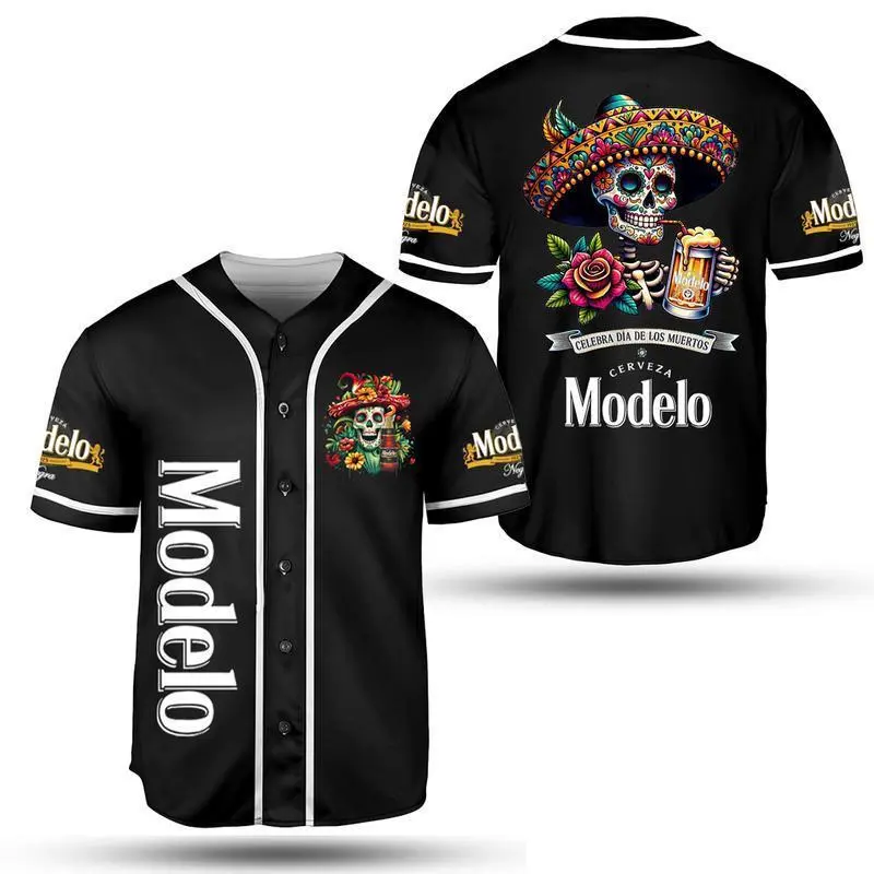 Unisex Short Sleeve Skull-Art Style Baseball Jersey - Black Dia de los Muertos Themed, Mexican Beer Inspired Athletic Top, Collectible Apparel, Graphic Sporty Casual All-Seasons Wear, Athletic Tops