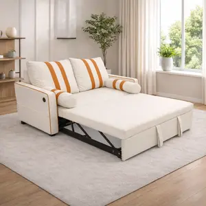 ARCH Beige 2 Seater Pull Out Sleeper Sofa Bed with USB Charging Port, Adjustable 3-Position Backrest, Modern Convertible Loveseat Couch with Elastic Armrest Panels for Living Room & Guest Room, 68.5" Wide