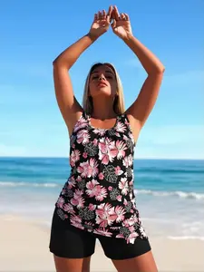Plus Size Flattering Tankini Set - Floral Print Top & Black Shorts for Beach Vacation| Fix Ill-Fit & Bulky Look with High Stretch Fabric| Comfortable Two Piece Swimwear that Hides Tummy & Looks Photo-Ready (Up to 4XL)