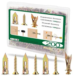 200PCS Self Drilling Drywall Anchors with Screws, Heavy Duty Zinc Plated Steel Wall Anchors Kit, No Pre-Drill Self Tapping Anchors for Drywall Installation 0.47x1.18 Inch