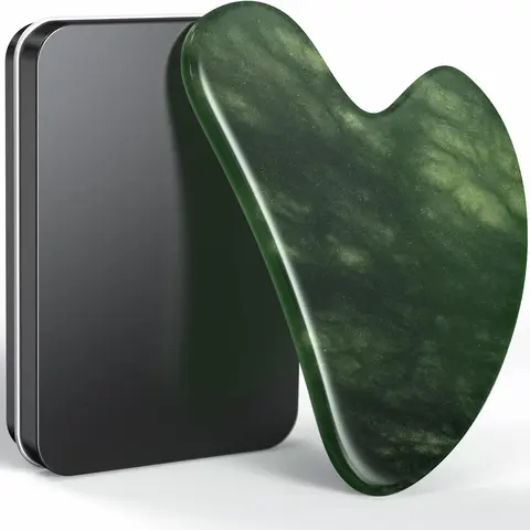 Solid Green Natural Jade Gua Sha Facial Tool - Universal, Cordless Acupressure Massager for Anti-Aging Face Therapy, Body Care, Blood Flow Control, Ideal Gift for Valentine's Day (Beauty Massagers)