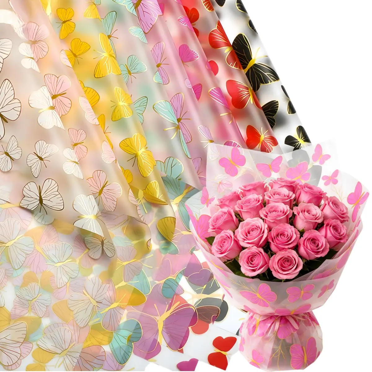 20 sheets of Korean style golden butterfly paper, dreamy semi transparent waterproof glass wrapping paper, bright style, suitable for DIY gift decoration in rose shops, Gift Wrapping Supplies, Flower Wrapping Paper