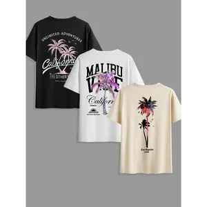 Men's Classic Versatile Letter Tropical Coconut Tree T-Shirt 3-Piece Set Summer Round Neck Short Sleeve Casual Tops for Outdoor Wear