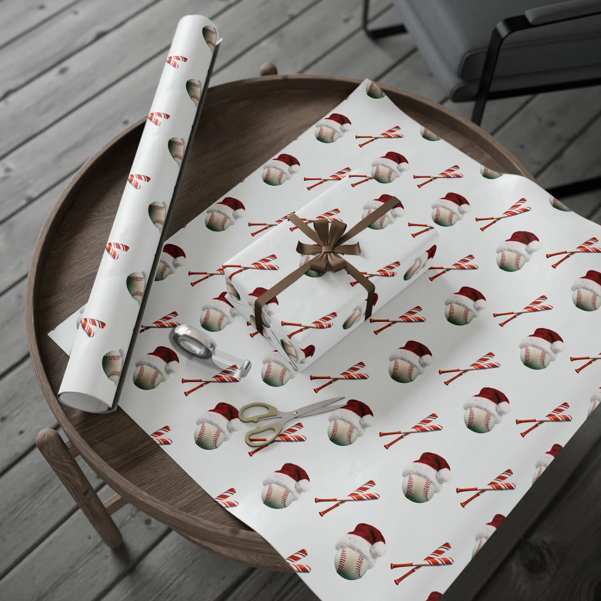 Grand Slam Candy Cane Baseball Wrapping Paper – White Clean Background - 30" x 72" Glossy Finish