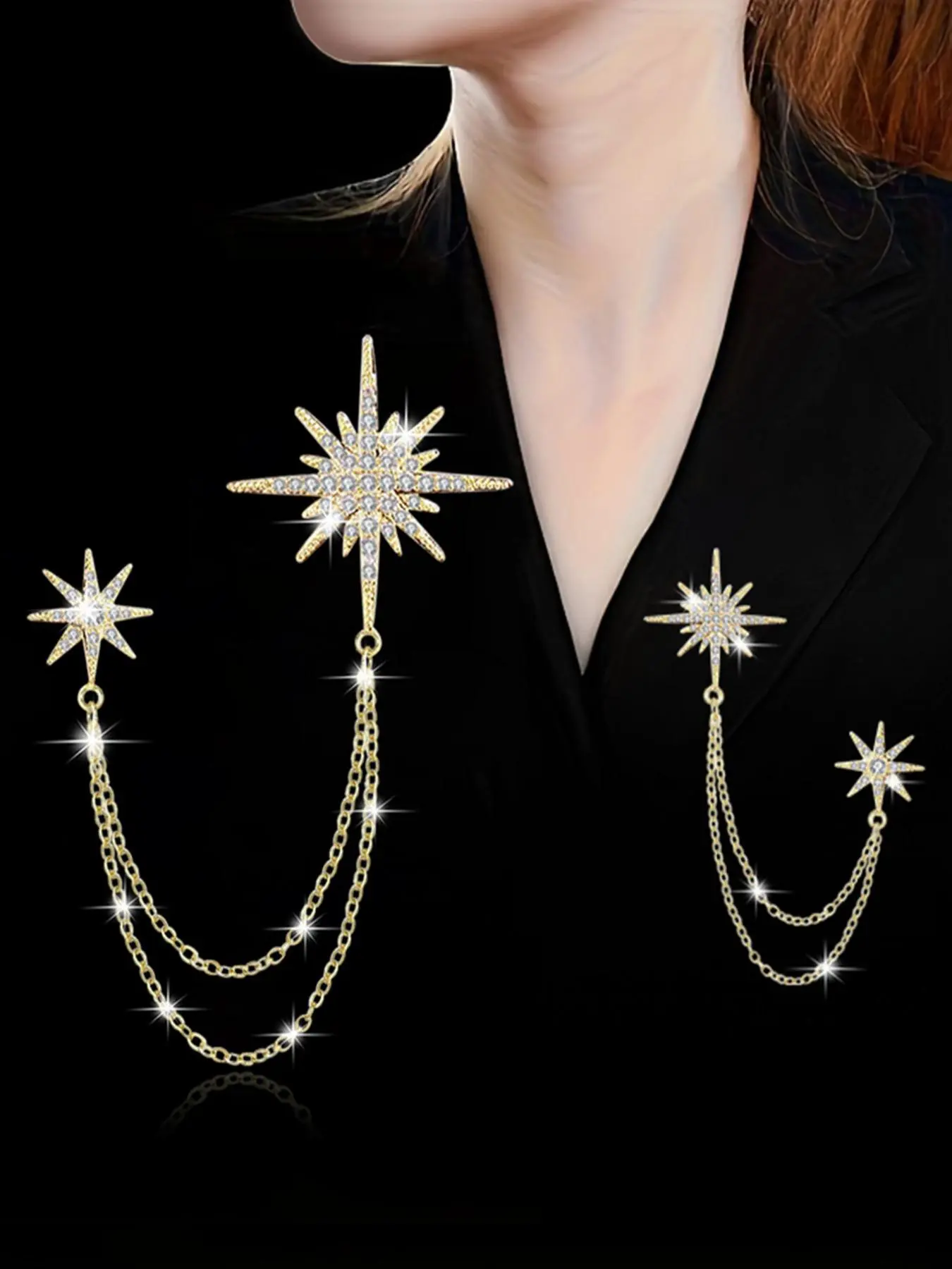 New Rhinestone Octagonal Star Chain Brooch, Vintage High-End Clothing Accessory, Elegant Star Pin for Dresses and Jackets