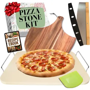 Pizza Stone for Oven and Grill Set - 5 count Pizza Making Accessories Kit - 15 inch Pizza Stone with Handles, Pizza Peel, Pizza , Dough Tool - Baking Stone for Bread - Large Rectangular Oven Stones