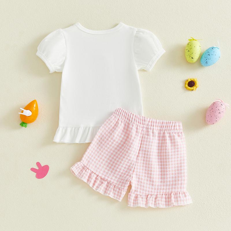 Toddler Baby Little Girls Easter Outfits Cross Animal Embroidery Short Sleeve T-Shirt and Plaid Shorts Set 3M-3Y