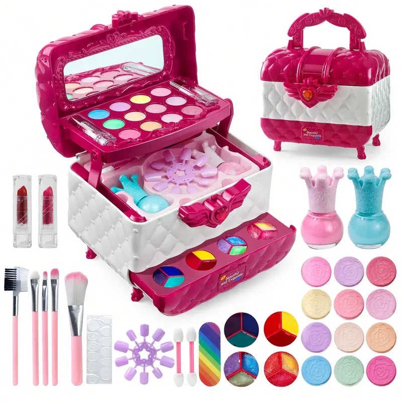 Kids Makeup Set for Girls, Washable Makeup Kit with Carrying Case and Mirror, Color Palettes, Lip Colors, Nail Polish and Brushes, Dress Up and Birthday Gift