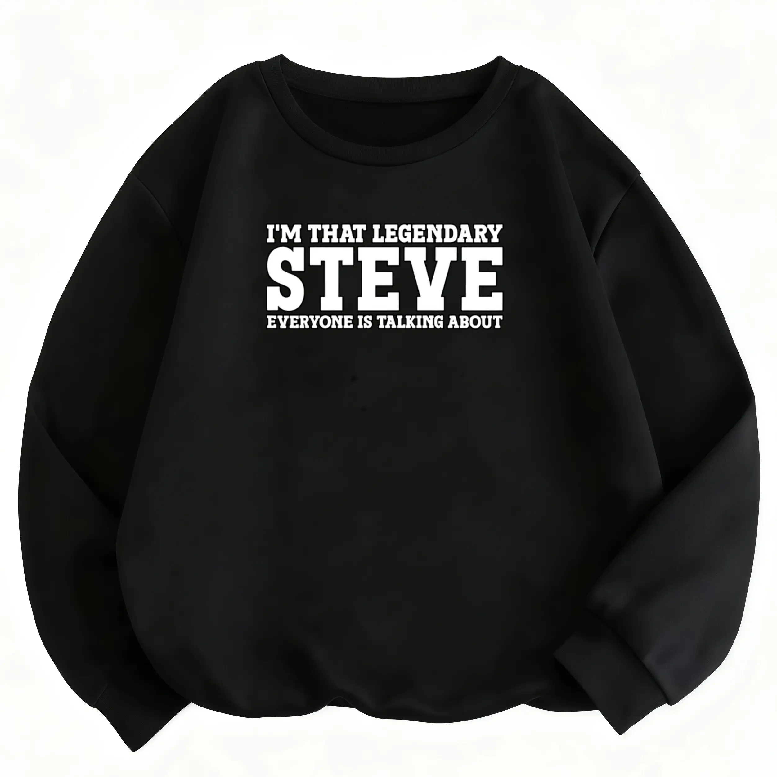 Plus Size Long Sleeve Sweatshirt for Men S-XXL – Black with White 'I'M That Legendary Steve Sloan' Print, Comfortable Round Neck for Casual & Fitness, Ideal Bulk Order Uniforms & Events, Machine Washable