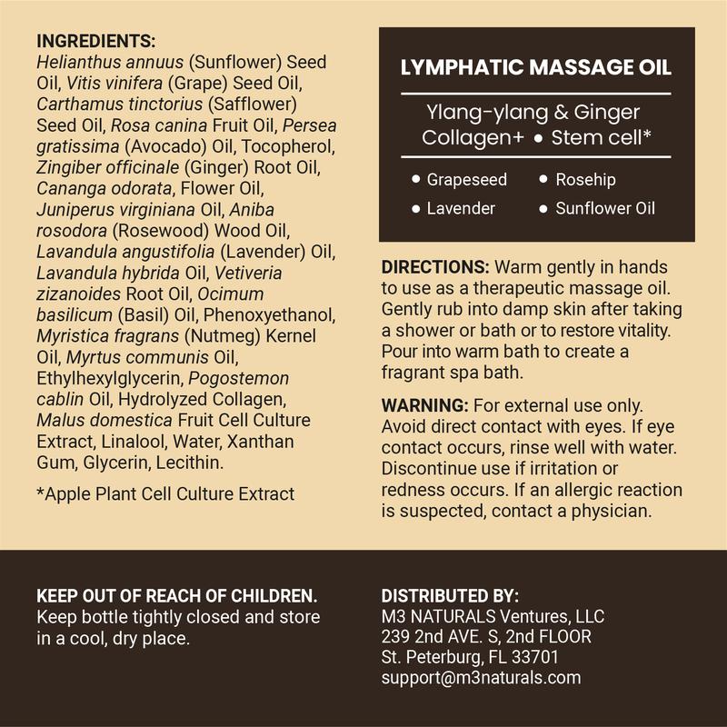 Lymphatic Drainage Massage Oil + Body Roller Kit, with Ylang Ylang, Ginger, Collagen & Stem Cells for Circulation, Detox, Cellulite Removal, Sore Muscle Relief & Skin Firming, 8oz by M3 Naturals