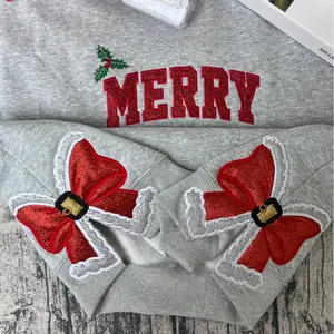Merry & Bright Christmas Sweatshirt with Sparkling Side Bows | Christmas Embroidered Gift for Her