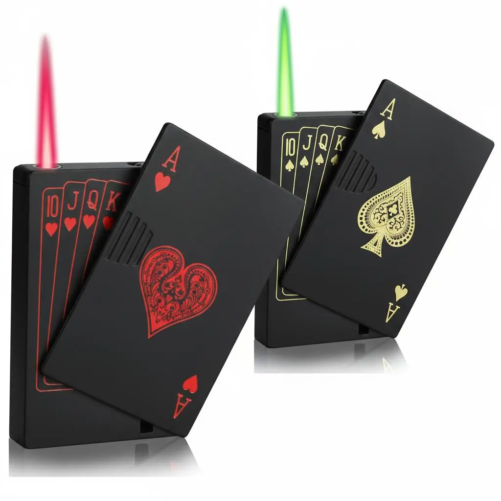 Green/Red Multipurpose Metal Flame Ace Card Lighter, Cool Lighter WindproofPoker Design, Can Be Filled with Butane Lighter, Suitable forOutdoor, Indoor, Camping, Barbecue, Candles, Birthdays,Gifts (excluding Gas)