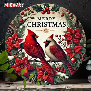 2D Flat, 1pc Vintage Christmas Metal Wall Art - Rustic Round Aluminum Sign with Poinsettia Flowers & Cardinal Birds,Festivel Home, Garage, Cafe Decor, 8'' Inches,   wall art sign durable iron wall art metal wall sign Vintage Metal Tin Sign 