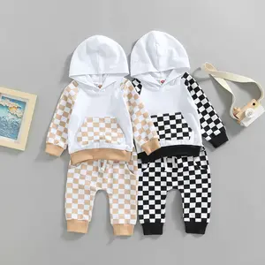 2Pcs Baby Boys Hoodie Tops Pants Set Checkerboard Patchwork Sweatsuit Clothes Fall Winter Outfits