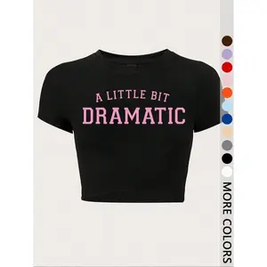 Women’s letter slogan print crew-neck exposed-navel T-shirt, fashionable and casual crew-neck tee, suitable for daily, vacation, and outdoor wear—summer women’s apparel