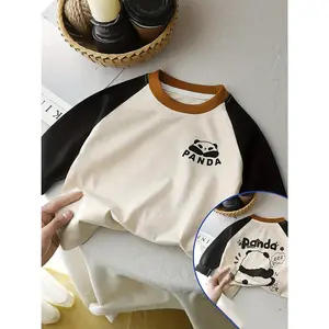 New1pc & Korean-Style Cute Panda Print T-Shirt with Raglan Sleeves - Korean Fashion Color-Block Round Neck Loose Fit Top, Panda & Korean Lettering Design (No Letters on ' Version), Spring/Fall Outfits, Casual