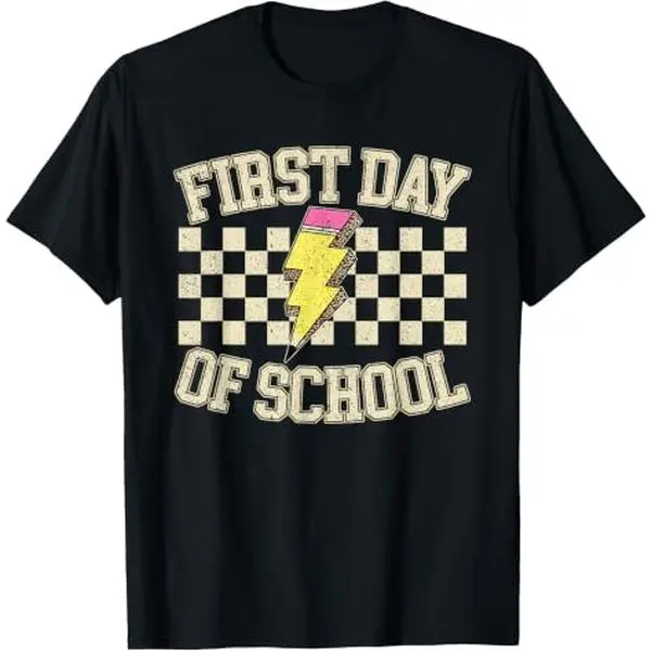 First Day of School Retro Checkerboard Lightning Bolt Pencil T-Shirt