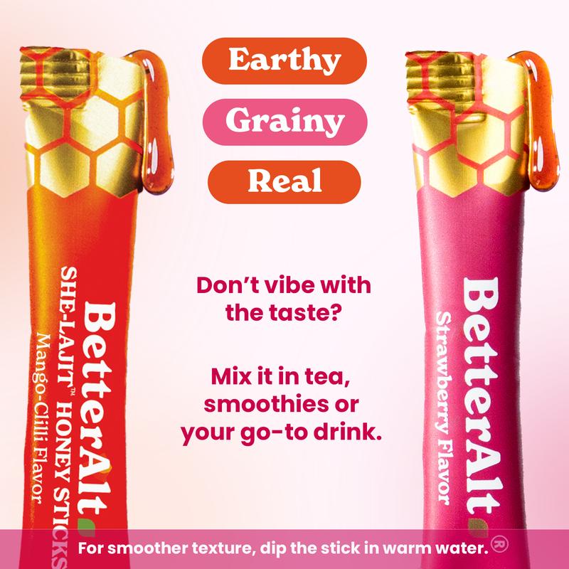 2 Packs of Women Multi-Mineral Honey Sticks | BetterAlt SHE-Lajit Strawberry Flavor | Shilajit, Shatavari & Saffron | Hormonal Balance & Energy - 60 Honey Packs