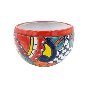 Mexican Talavera Bule Planter Pot Hand Painted - Red Trim
