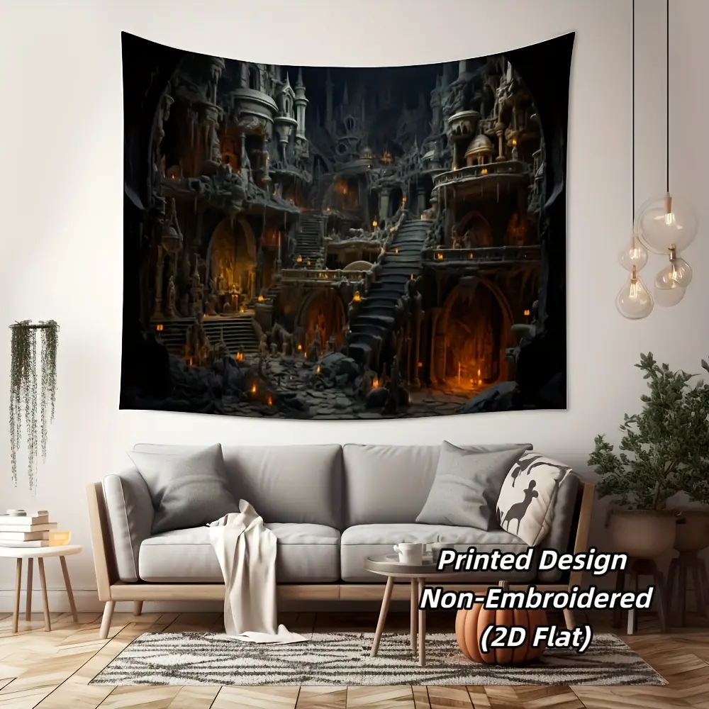 2D Flat - 2D Flat - A 2D Flat Tapestry Featuring a Medieval Landscape with a Rustic Vampire Castle, Perfect for Decorating Walls During for Halloween Parties And Making an Excellent Gift for The Occasion