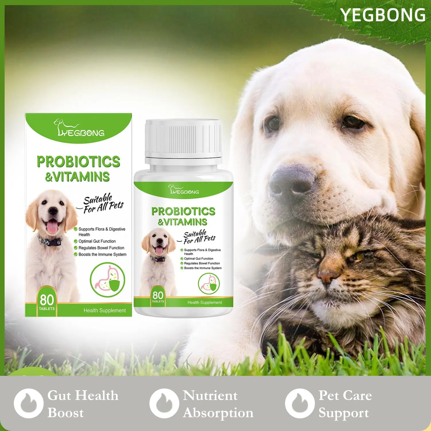 Yegbong Pet Probiotic Tablets Improve Gut Health, Promote Nutrient Absorption, Pet Care Supplements