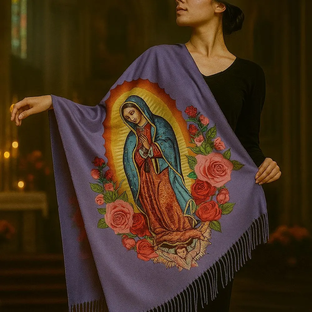 Women's Virgen de Guadalupe Blanket Scarf - Elegant Religious Shawl Wrap, Soft Lightweight Fabric for Church and Ceremony
