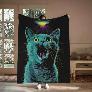 Cyberpunk Cat Flannel Blanket, 1 Count Funny UFO Alien Neon Green Soft Comfy Throw, Glow In Dark Vibes Decor, Cozy Nap Blanket for Home Office Travel, Suitable for Sofa Bed Couch, Gift for Cat Lovers Her Him, Sci-Fi Statement Piece