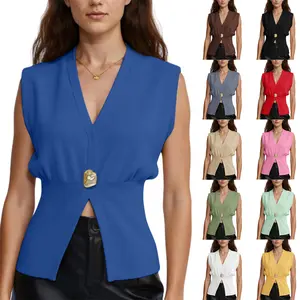 JovenPara Women's Deep V-Neck Sleeveless Knit Vest or Long Sleeve Cadigan Top with Metallic Gold Button Elastic Waist Slim Fit Casual Demure Fashion Knitwear for Work Date Night