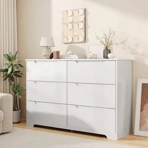 6 Drawer Dresser For Bedroom, Modern Wood Chest Of Drawers With Cut-Out Handles, Accent Cabinet With Wide Double Drawers For Living Room, Entryway,White