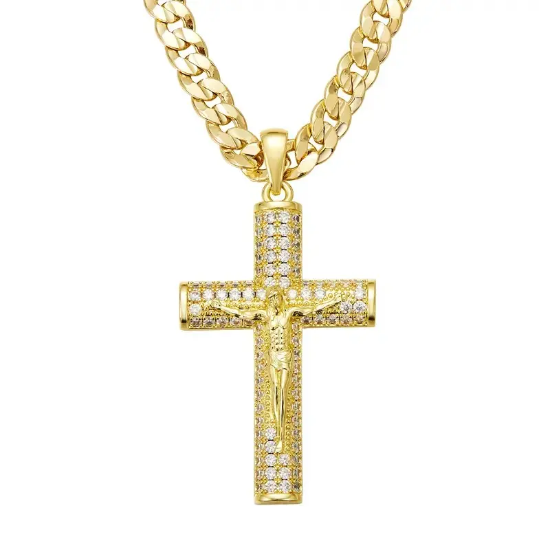14K Real Gold-Plated Cross Necklace for Men, Advaed Nanotech Tarnish-Free Cuban Figaro Rope Miami Chains with Jesus Crucifix Pendant, Christian Religious Jewelry Gift daily clothing decor trendy all-match vintage pendant necklace chino link goldtone manga