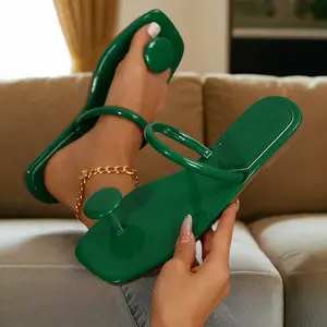 Women's PU Leather Round Decor Outdoor Flat Sandals Toe Thong Sandals Open Square.The shoes run large，please one size down