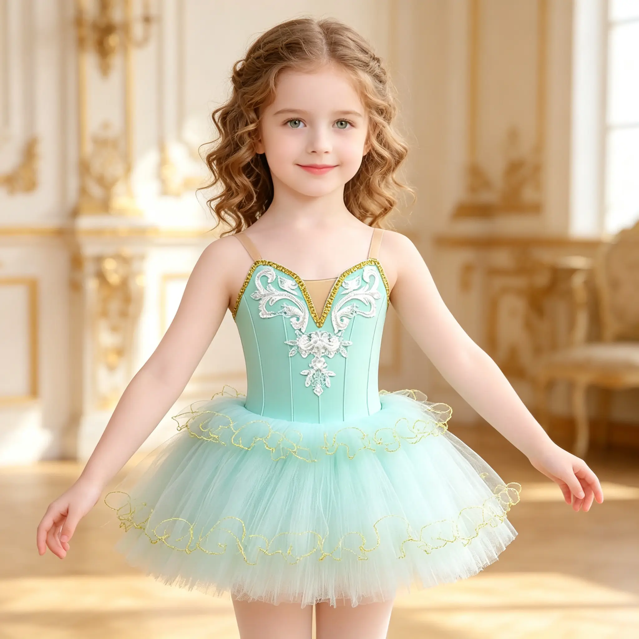 Girls' Mint Green Sleeveless Embroidered Royal-Style Ballet Tutu Dress - Gold Lace Tulle Skirt, For 3-12 Years Old, Ideal For Ballet Training & Show Performances