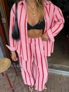 2 Piece Striped Loose-Fitting Pink Shirt and Wide Leg Pants Set, Womenswear Casual Relaxed Clothes for Home and Vacation Wear