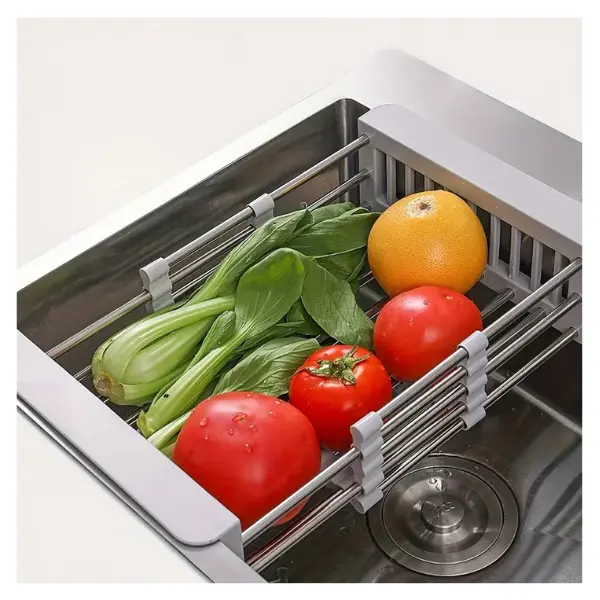 Retractable Drainage Basket with adjustable Armrest, Stainless Steel Kitchen Drying Rack, Water Filter basket For Fruit And Vegetable,  Vegetable Rack (Grey)